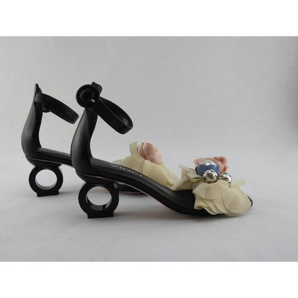 VINCI Black Leather Floral Embellished Ankle Strap Loop Heel Sandal Size 35 Turk - Picture 7 of 16